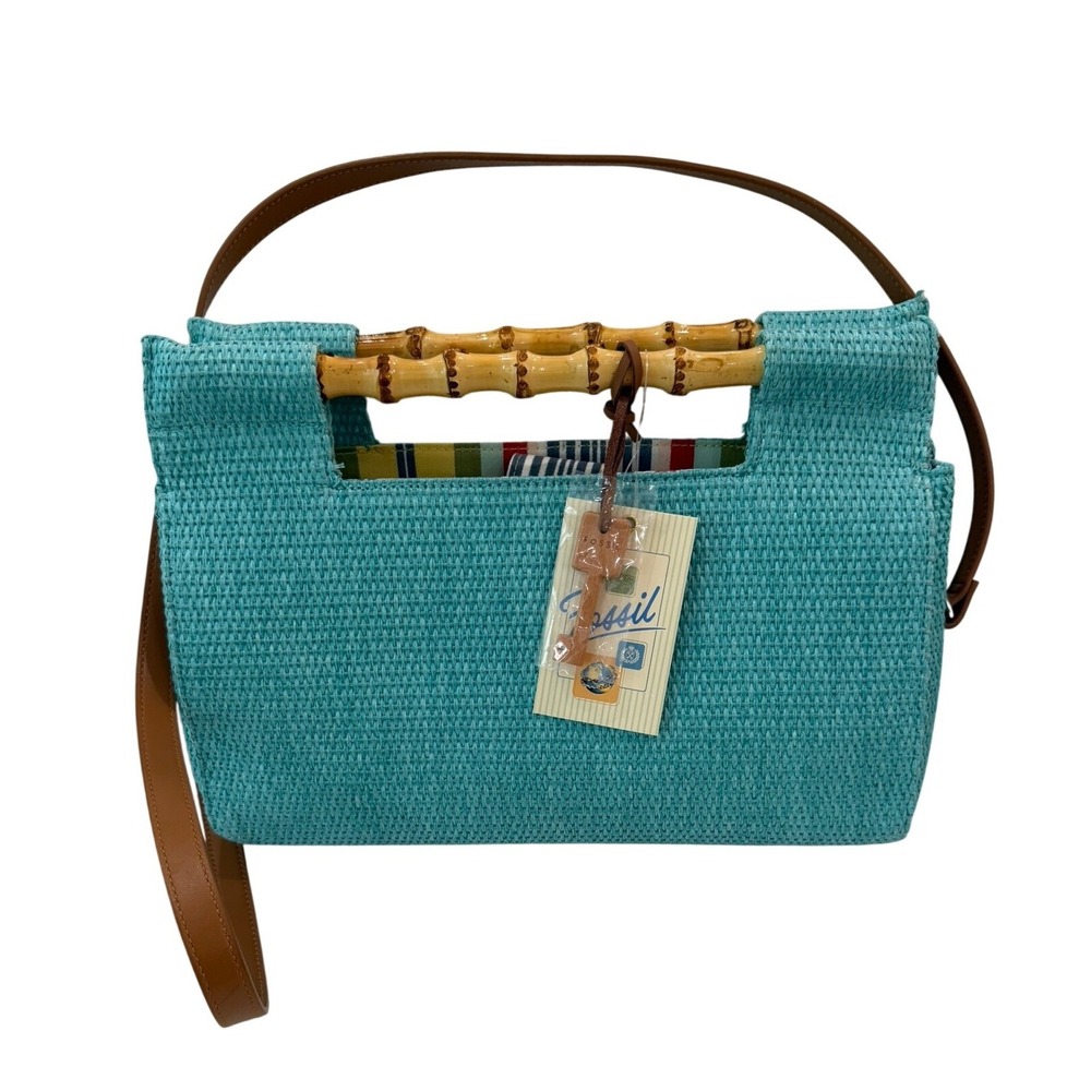 Fossil Straw Bamboo Handle Crossbody Bag Turquoise Blue Woven Summer Handbag NEW